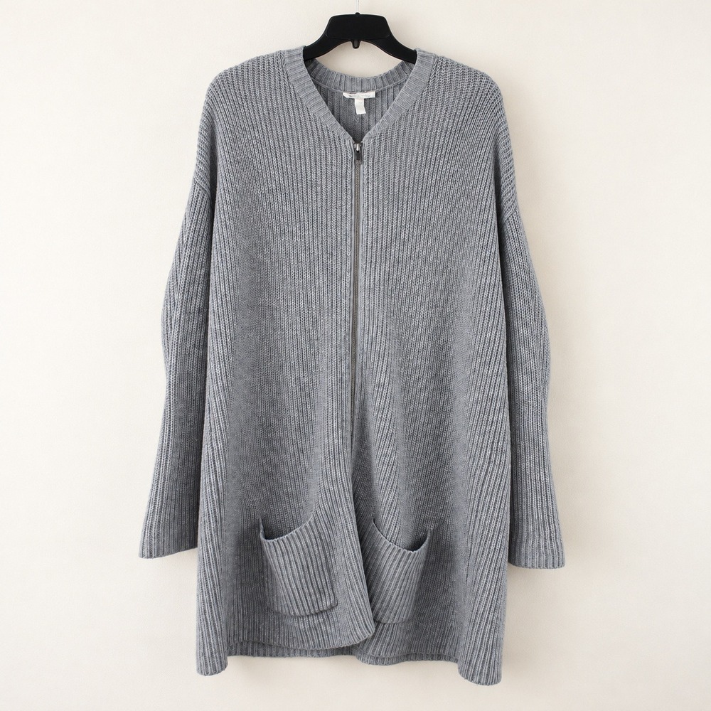 Eileen Fisher Gray Organic Cotton Cashmere Ribbed Zip Front Cardigan Sweater M/M